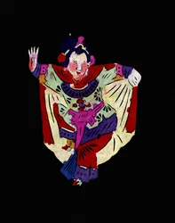 Ženská postava pekingské opery, tanečnice. Malovaný papírový výřez neboli "Jian Zhi", čínské lidové umění, Peking.