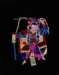 Ženská postava pekingské opery s houpačkami. Malovaný papírový výřez neboli "Jian Zhi", čínské lidové umění, Peking.