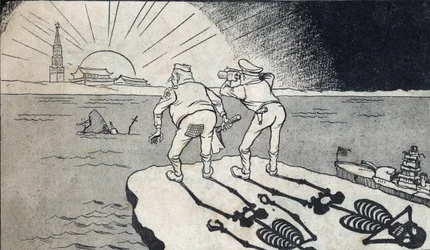Generál MacArthur se svým kostlivým stínem hledícím na dvojčata Čínské lidové republiky. Karikatura, v „Satirických kresbách“, Peking