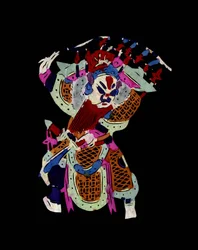 Mužská postava pekingské opery s maskou. Malovaný papírový výřez neboli "Jian Zhi", čínské lidové umění, Peking.