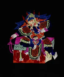 Mužská postava pekingské opery s maskou. Malovaný papírový výřez neboli "Jian Zhi", čínské lidové umění, Peking.
