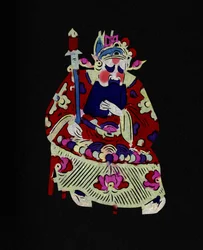 Mužská postava pekingské opery s maskou. Malovaný papírový výřez neboli "Jian Zhi", čínské lidové umění, Peking.