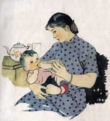 Maminka dává dítěti láhev. Ilustrace, in "Comment mieux nourish nos enfants", Edition Le Journal de la Sante, Pekin