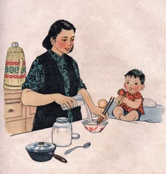 Maminka připravuje jídlo pro dítě. Ilustrace, in "Comment mieux nourish nos enfants", Edition Le Journal de la Sante, Pekin