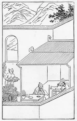 Malování modrých květin na vázy, ze série ilustrací o výrobě porcelánu (litho) (celá série viz 384116 & 384117)