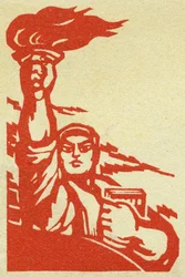 Portrét čínského revolucionáře s plamenem a Rudou knížkou prezidenta Maa (1893-1976) v Čínské lidové republice. Propagační ilustrace, in: "Manuel pour bien drawing", Peking.