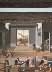 Výroba čaje, kolem roku 1820 (tělová a zlatá barva na hedvábí položená na papíře)
