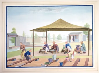 Dělníci nanášející glazury, cca 1825 (kvaš na papíře)