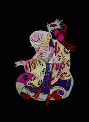 Yaowang Dian, taoistický bůh medicíny. Malované vystřihování papíru neboli "Jian Zhi", čínské lidové umění, Peking.