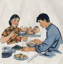 Mladý pár s dítětem během jídla. Ilustrace, in "Comment mieux nourish nos enfants", Edition Le Journal de la Sante, Pekin