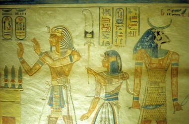 Starověký Egypt, malba/řezba, Amon hir Khopshef Tomb, Ramesse III. se svým synem Amon-Hirem nesoucím standartu