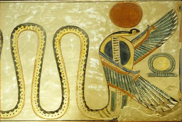 Starověký Egypt, nástěnná malba, hrobka Amonherchepešefa, ureové a okřídlení hadi střeží vchod do pohřební komory, 20. dynastie, Údolí královen