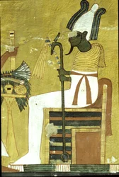 Starověký Egypt, Nástěnná malba Inherkhauova hrobka, Théby, Osiris sedící před obětním stolem, 20. dynastie (foto)