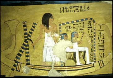 Starověký Egypt, Nástěnná malba Inherkhauova hrobka, Théby, Hrobka šlechticů, 20. dynastie, Inherkhau řídí loď se dvěma bohy sedícími ve svatyni (foto)