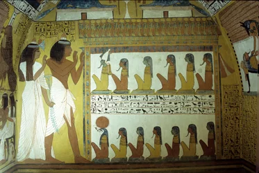 Starověký Egypt, Nástěnná malba, Sennedjemova hrobka, Zeď, Sennedjem a jeho žena uctívají bohy podsvětí, Osiris, Horus, Théby, Deir el Medina