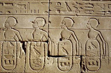 Starověký Egypt, Nástěnná malba/řezba, Karnak/Luxor Pylon Six, Část seznamu jižních a syrských kmenů, které si podrobila armáda Tutmose III, Chrám v Karnaku, Luxor