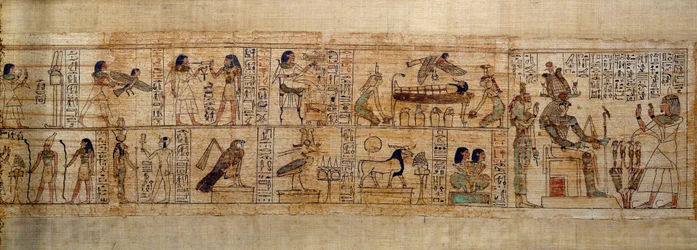 Starověký egyptský mytologický papyrus Serimen. Nahoře: Serimen miluje boha Osirise reprezentovaného svým emblémem ve městě Abydos. Duše mrtvého v podobě ptáka letí nad jeho mumií, kterou sledují bohyně Isis (vlevo) a Nephtys (vpravo
