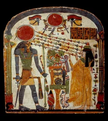 Umění starověkého Egypta: stele de taperet pozdní Taperet se modlí k Re-Horakhty (Re Horakhty, kolem 900 - 800 př. n. l.) Paříž, Musee Du Louvre