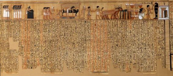 Egyptské starožitnosti: Kniha mrtvých, papyrus Nebqeda. Kolem 1400-1350 př. n. l. 18. dynastie. Z Théb. V. 6,3 m. Paříž, Musée du Louvre