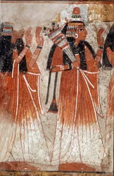 Egyptský starověk: fragment nástěnné malby z Niayovy hrobky zobrazující soutěsku příbuzných zesnulého. Z místa Dra Aboul Naga. 19. dynastie (1295-1186 př. n. l.) Sun. 0,61 x 0,39 m