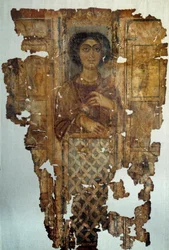 Egyptský starověk: plátěný malovaný rubáš a doree ženy z Antinu. 4. století n. l. Paříž, Muzeum Louvre