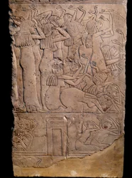 Egyptský starověk: memfitská hrobka od Horemhebu po Sakkáru (Sakkarah nebo Sakkára), reliéf: pláč na pohřbu Horemhebu. 18. dynastie (cca 1550-1295 př.n.l.)