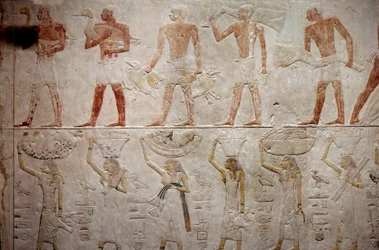 Egyptský starověk: muži nesoucí kachny. Vápencový reliéf z kaple Mastaba of Akhethetep v Sakkáře. 5. dynastie (kolem 2500-2350 př. Kr.) 2300 př. Kr. Paříž, muzeum Louvre