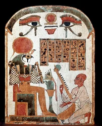 Egyptský starověk: stéla harfisty Jedkhonsuiufankha při uctívání před božským Horem. Meziobdobí. 1069-664 před naším letopočtem. Paříž, musee du Louvre - Egyptské starožitnosti: stéla harfenisty Djedkhonsouioufankh uctívající boha Hora. Střední Per