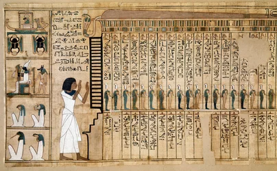 Egyptské starožitnosti: fragment Knihy mrtvých, papyrus Nebqeda. Detail znázorňující příchod zemřelého do posmrtného života. 18. dynastie. 1400-1350 př. n. l. Paříž, Musée du Louvre