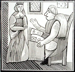 Žena hledá radu od věštce, kopie ilustrace z „Historie Matek Západu“, ze sbírky esoterických knih 14.–17. století (dřevořez)