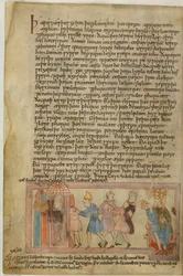 Cotton Claudius B. IV, f.58v Scéna zobrazující anglosaskou spravedlnost, ilustrace z (vellum)