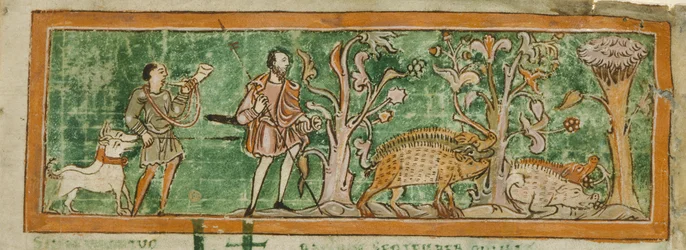 Bavlna MS Tiberius B V/1 f.7 Pasení prasat, ze sbírky anglosaského Miscellany (vellum)