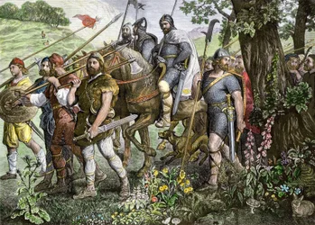 Muži z Kentu jdoucí do boje na obranu Anglie během normanské invaze v roce 1066 (barevná rytina)
