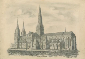 Lichfield Cathedral - South East View: rytina a [? 19. století] (tisk)