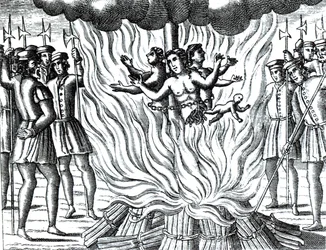 Zpráva o třech mučednících z Guernsey upálených na hranici, z vydání knihy "Acts and Monuments" od Johna Foxe (1516-87) (rytina)