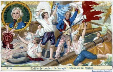 Admirál Villaret (1750-1812), zástupce v medailonu, doručil námořní bitvu u Ouessant anglickému Howeovi v roce 1794.