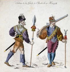 Kostýmy vojáků stráže Karla IX. (1550-1574) a Jindřicha III. (1574-1589).
