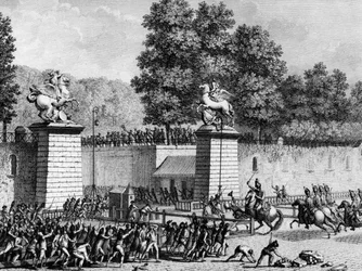 První z francouzské revoluce: Monsieur Charles Eugene de Lorraine, princ z Lambescu (1754-1825) vstoupil 12. července 1789 do Tuileries s oddílem královské němčiny, aby potlačil první revolucionáře. Paříž, Knihovna Historického ústavu