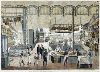 Skvělé restaurace v Paříži: nové kuchyně Café Riche, založené v roce 1785, rozšířené v roce 1865.