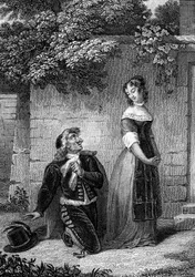Škola pro ženy rytina z „“díla“ od Jean-Baptiste Poquelin dit Moliere (Jean Baptiste Poquelin