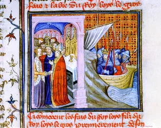 Sňatek Eleonory Akvitánské a Ludvíka VII. Francouzského (1137) vlevo a odjezd na druhou křížovou výpravu 1147-1149, z "Chronique de St Denis" (pergamen)