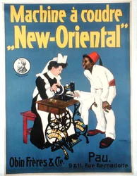 Plakát inzerující šicí stroj „New Oriental“ od společnosti Obin Freres & Co. (barevné lito)