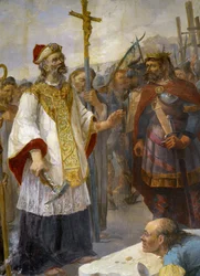 St Corentin položí 1. kámen Cathedrale de Quimper na Odet za přítomnosti krále Gralona Meura, 435 - obraz kostela Morlaix