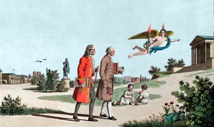 Duch Voltairův a Jean Jacques Rousseau je zavedou do Chrámu nesmrtelnosti – džina Voltairova (François Marie Arouet, dit Voltaire