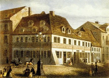 Rodiště skladatele Roberta Schumanna ve Zwickau, Sasko (barevná rytina)