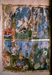 Výjevy ze života svatého Cypriána. Miniatura v díle „Homilie. Orationes“ od svatého Řehoře z Nazianzu (nebo Naziance) (328-390), 879-882. Řecký rukopis. Paříž, NL