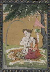 Shiva a Parvati na tygří kůži, cca 1800 (akvarel se zlatem a stříbrem)
