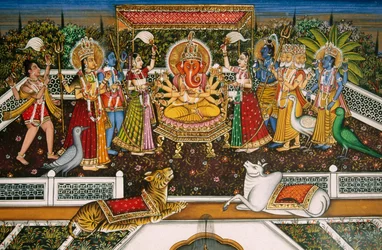 Pán Ganéš Ganpati s Brahmou, Višnuem, Šivou, Durgou, miniaturní malba na papíře