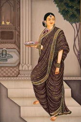 Marathi Lady jít do chrámu miniatura malba na papíře