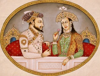 Portrét mughalského císaře Shahjahana s královnou Mumtaz Mahal, Indie